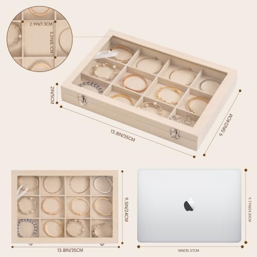 Frebeauty 12 Grid Bracelet Holder Box,Velvet Jewelry Tray with Clear Lid - color: Beige, size: 12 Grid