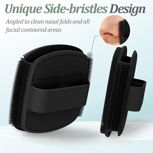 Silicone Face Scrubber & Lymphatic Contour Face Brush Set, Soft Facial Brush with Unique Side-Bristle for Gentle Exfoliating & Deep Cleansing, Lymphatic Drainage Massager for Sculpting(Black) - color: Black Set