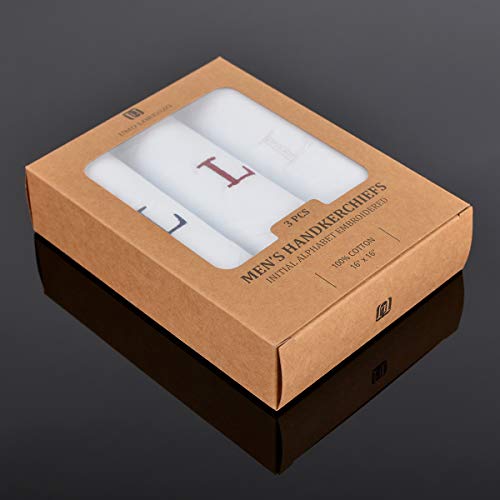 Initial Handkerchief for Men, Monogrammed Boxed 3 Piece Set,100% Cotton - color: L Initial