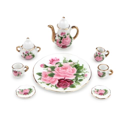 Miniature Tea Set 1/6 Scale Dollhouse Accessories Porcelain Big Rose - color: Big Rose