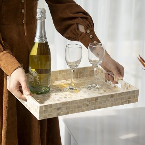 PEMAR Rectangular Mother of Pearl Serving Tray Nacre Wood Lap Ottoman Tray for Coffee Table, Luxury Decorative Handmade Eating Platters w Insert Handles (White Cream) - color: Milano