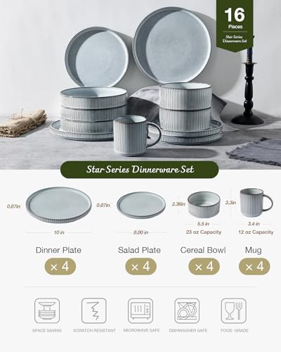 Famiware Star Dinnerware Sets with Mugs, Ceramic Plates and Bowls Set for 4 - color: Smoky Blue