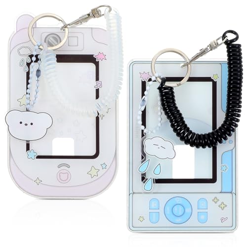 Mabor 2Pcs Cartoon Photo Card Holder, Photocard Holder Keychain Cute ID Badge Holders Acrylic Photocards Holders with Cloud Bear Pendant Spiral Wrist Coil