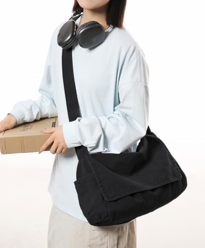 Messenger Bag for Women Men Satchel Bag Canvas Crossbody Shoulder Bag Casual Sling Bag - color: Black