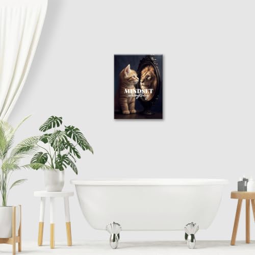 Motivational Lion And Cat Wall Art For Kids Mindset Is Everything Nursery Canvas Wall Decor Inspirational Pictures Paintings Prints Artwork Framed Decorations For Children's Room Bathroom Bedroom Living Room Office Gifts 16" x 20" - color: Cat And Lion, s