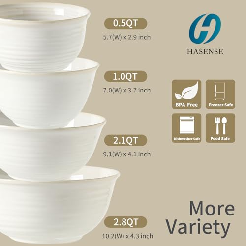 Hasense Porcelain Mixing Bowls, 2.8/2.1/1.0/0.5 Qt, Handmade Large Salad Serving Bowls for Kitchen, Deep Nesting Dishes for Cooking and Baking, Microwave Dishwasher Safe, Clay-Infused White - color: Clay-Infused White, size: 20+40+84+108 Ounce