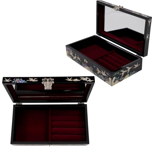 February Mountain Mother of Pearl Jewelry Organizer box - Handmade Large Wooden Box Romantic Anniversary Birthday Gifts for women (Cranes with Red Sun) - style: Cranes with Red Sun
