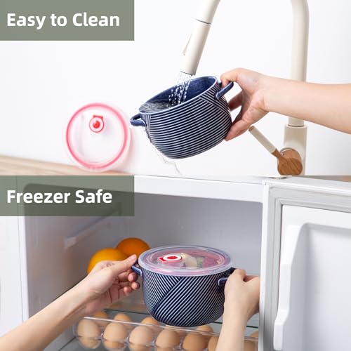 Ceramic Soup Bowl with Lid & Handle, Microwave Safe 32 oz, Navy - color: Navy, size: 1 pcs