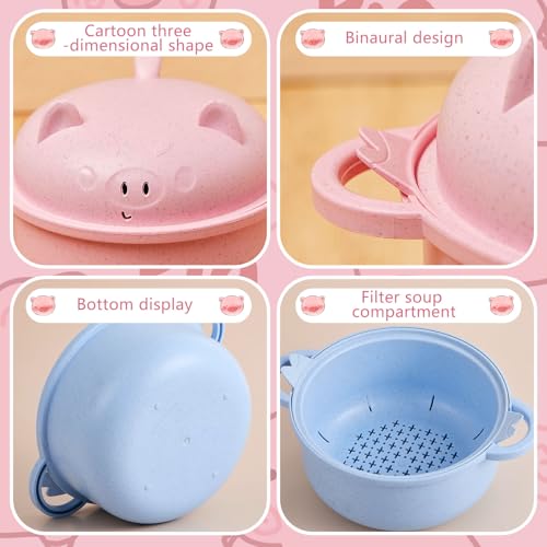 2 Sets 45oz Cute Pig Ramen Bowl Set Microwavable, Pink, Nordic Blue - color: Pink,Nordic Blue