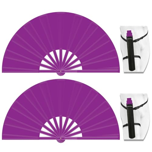 13" Large Folding Rave Fan with Holster, Clack Hand Fans Foldable for Line Dancing for Women Men Festival EDM Party Decoration, Purple 2 Pack - color: Purple