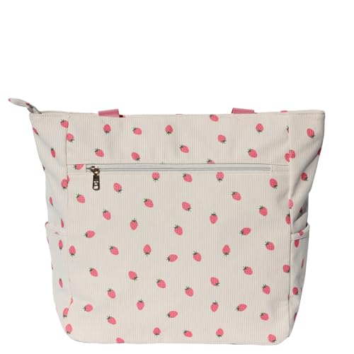 ESVAN Original Floral Water Resistant Large Tote Bag Shoulder Bag for Gym Beach Travel Daily Bags Upgraded - color: Corduroy Pink Strawberry