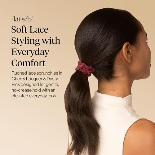 Kitsch Ruched Lace Hair Scrunchies For Women – Cherry Lacquer & Dusty Pink - color: Cherry Lacquer & Dusty Pink