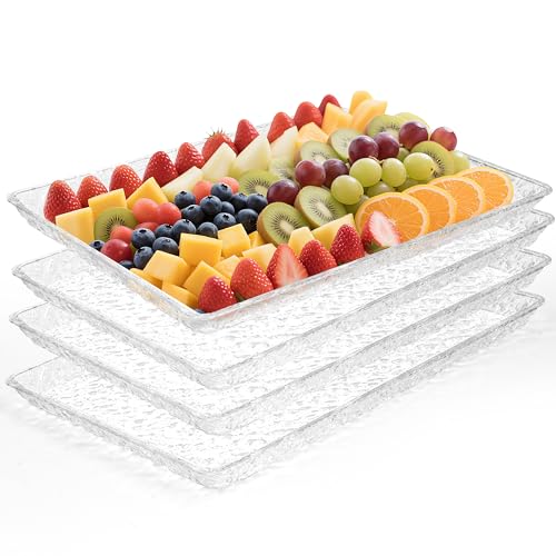 GLITCHCORE 4-Pack Premium Acrylic Serving Trays - 15x11 Extra Thick Reusable Platters - Shatterproof Ice-Pattern Food Trays for Party, Catering, Wedding & Kitchen Organization - BPA-Free