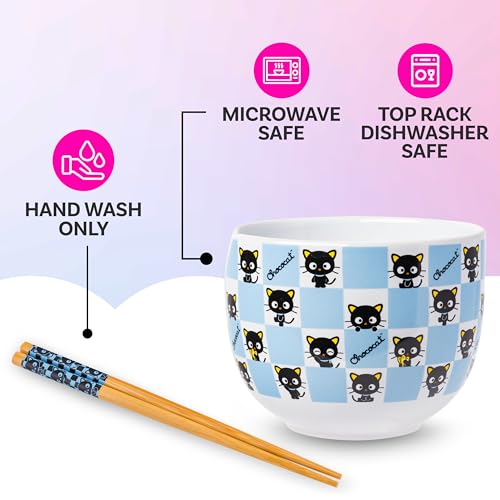 Silver Buffalo Hello Kitty and Friends Chococat Checkered Pattern Ceramic Ramen Noodle Rice Bowl with Chopsticks, Microwave Safe, 20 Ounces - color: Chococat Checkered, size: 20 Ounces (No Spoon)
