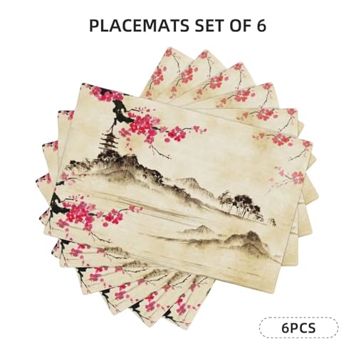 Japanese Cherry Blossom Placemats Washable Table Placemat Set of 6 - color: Pink Beige, size: Set of 6