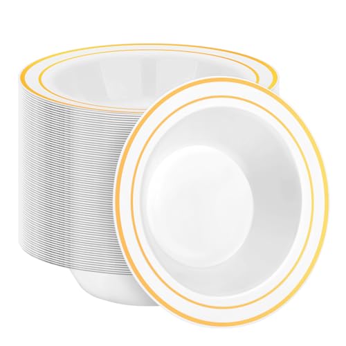 BESTSTAR 100 Pack Disposable Soup Bowls with Gold Rim - color: Gold, size: 100 pack