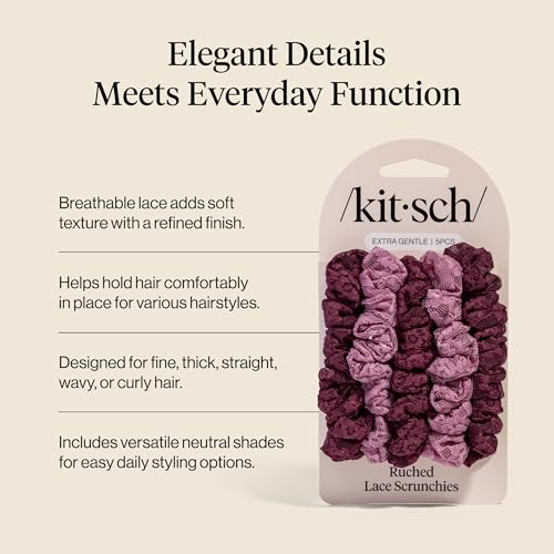 Kitsch Ruched Lace Hair Scrunchies For Women – Cherry Lacquer & Dusty Pink - color: Cherry Lacquer & Dusty Pink