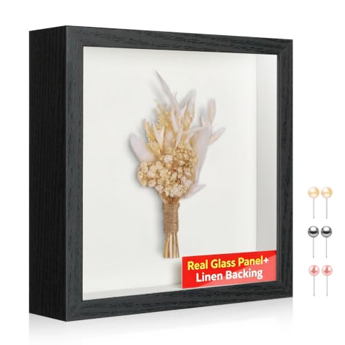 8x8 Shadow Box Picture Frame with Real Glass Panel and Linen Back - color: Black + Thickened Panel + Foam Packaging, size: 8x8