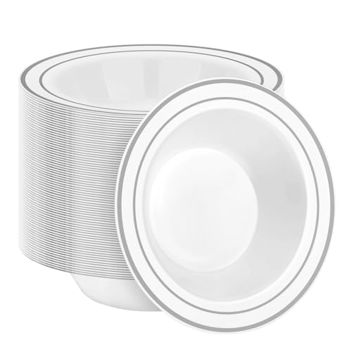 BESTSTAR 100 Pack Disposable Soup Bowls with Silver Rim - color: Silver, size: 100 pack
