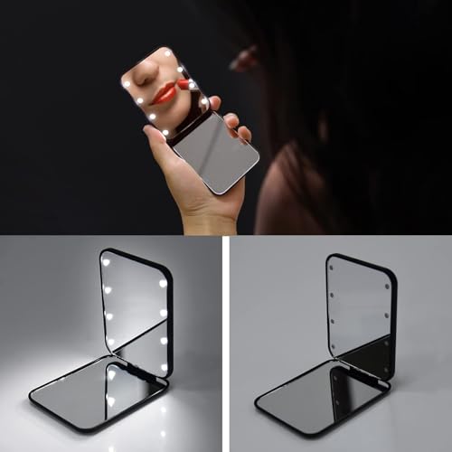 Kintion Pocket Mirror, 1X/3X Magnification LED Compact Mirror (Black) - color: Black