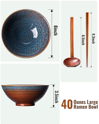 8 Inch 40oz Large Japanese Ramen Bowl Set of 2,Material Safety Ceramic Ramen Bowls with Matching Chopsticks and Spoons, Pho Bowls Ramen Noodle Bowl for Asian Udon Soup Salad Cereal(Peacock Tail) - color: Peacock Tail