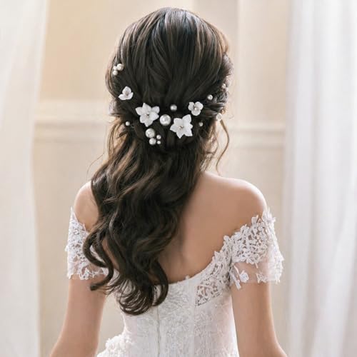 Handmade Pearl Bridal Wedding Hair Pins 13Pcs White Flowers Pearls Clips Wedding Hair Accessories for Women Brides Bridesmaid - color: Set-A-Bronze