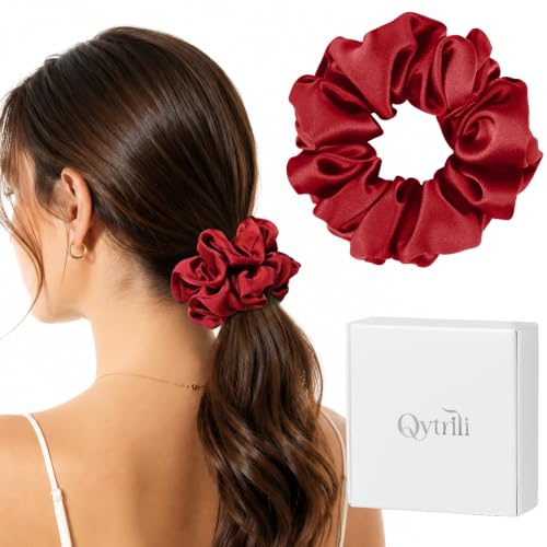 Silk Scrunchie 1.4" Medium Wide 6A 22 Momme 100% Mulberry Silk Hair Ties,Gentle on Hair No Damage No Crease for Women Girls Curly Thick Wavy Hair,Sample Fabric Provided (1, Burgundy) - color: Burgundy