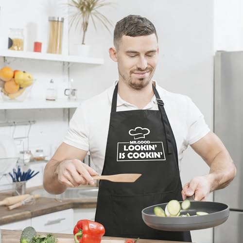 Funny Apron for Men Women,Humorous Kitchen Apron- Grilling Cooking BBQ Accessories, Gift for Dad Husband - color: Mr.good Lookin' is Cookin