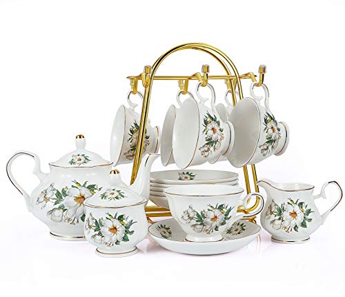CHENP.HMC Porcelain Tea Cup Set 22-Piece Ceramic Coffee Tea Sets (Camellia) - color: White Green