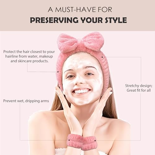 Ayesha Spa Headband and Wristband Set for Washing Face Skincare Makeup - color: Pink set