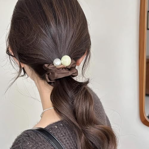 3PCS Fashionable Elegant Korean Scrunchies,Pearl Bead Hair Scrunchie,Satin Fabric Hair Accessories,Sparkly Ponytail Holder Handmade