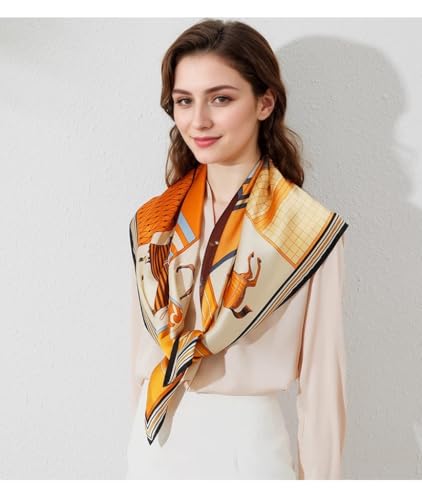 ANDANTINO 100% Mulberry Silk Scarf -Women 35" Square Hair Wraps-Gift Packed - color: Blue&brown Horses