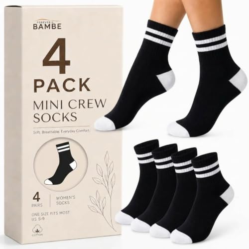 Forever Bambe Mini Crew Socks for Women 4-Pack Cushioned Bottom Retro Striped Socks - Athletic Women's Short Calf Sock - color: 4 - Black