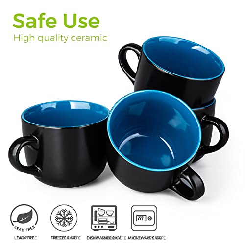 GBhome Ceramic Soup Mugs with Lid, 24 oz Soup Cups with Hanlde for Coffee,Cereal,Salad,Noodles,Tea,Soup Bowls Cups,Microwave &Dishwasher Safe, Set of 4, Blue ith Vented lid - color: Blue