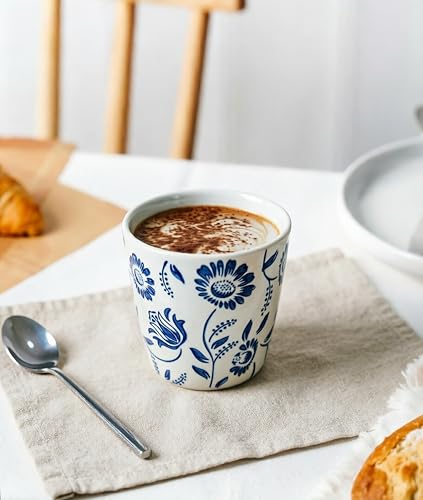 6 oz Chinese Tea Cups, Coffee Cups Ceramic, Handle-less Espresso Cups - color: Blue- Plants 1