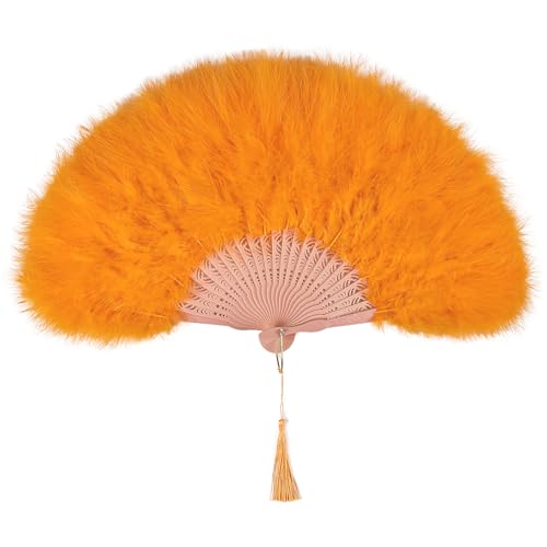 whitefeather Vintage Feather Hand Fan, 17.7 x 11.8 inches, Marabou Feathers, 1920s Style for Costume Parties, Tea Parties - color: Orange