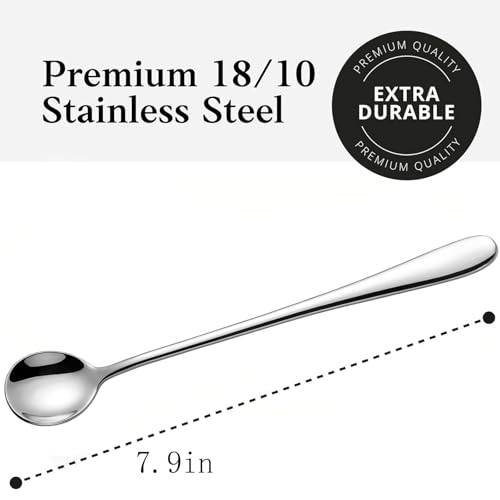 Long Handle Iced Tea Spoons, 7.9" 18/10 Stainless Steel Cocktail Stirring Spoons with Thickened Ergonomic Handle, Tall Coffee & Latte Stirrers, Dessert Spoon Set, Dishwasher Safe Set of 8 - color: Silver 7.5 IN, size: Round