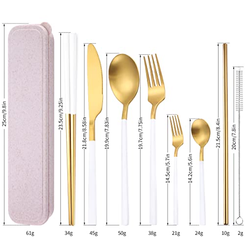 AARainbow 8 Pieces Stainless Steel Flatware Set Portable Reusable Cutlery Set Travel Utensils Set Including Chopsticks Knife Fork Spoon Straws Cleaning Brush Dishwasher Safe (B-White Golden) - color: B-White Golden