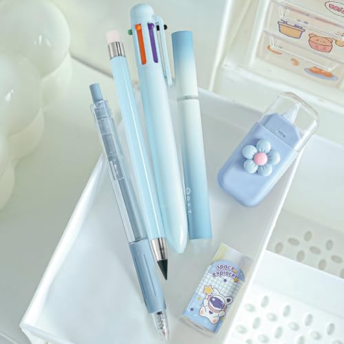 MOZXIRZ 6 Pcs Cute Blue Stationery Set for Women Back to School Supplies Office Supplies Including Gel Ink Pens 6-in-1 Ballpoint Pens Pencil Eraser (Blue) - color: Blue
