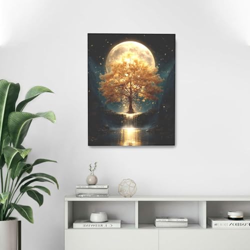Golden Tree Wall Art Fantasy Tree with Moon and Waterfall Canvas Wall Decor Pictures Paintings Prints Mystical Nature Artwork Framed De corations For Meditation Space Bathroom Bedroom Living Room Office Gifts 16" x 20" - color: Golden Tree, size: 20"L x 1