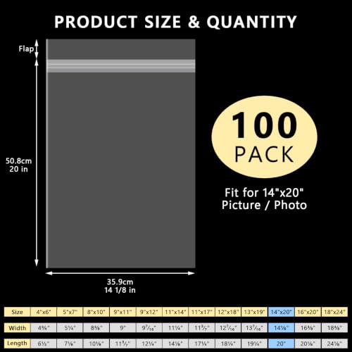 AUEAR 14"x20" Clear Plastic Sleeves Storage Bags for Art,Pictures, 100 Pack - size: 14 x 20 inches