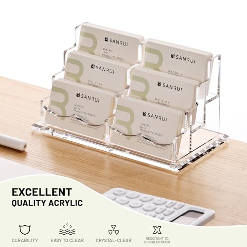 SANRUI Clear Acrylic Desk Business Card Holder, 6 Horizontal Slots
