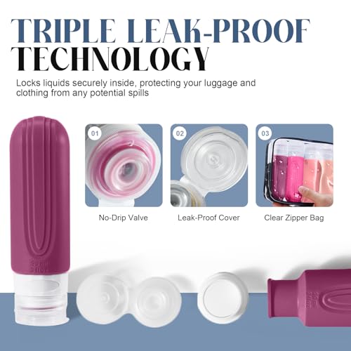 Travel Bottles for Toiletries, 3oz TSA Approved Travel Size Toiletries, Silicone Leak-Proof Refillable Containers, Squeezable Liquid Essentials Bottles W/Clear Bag (RED) - color: RED