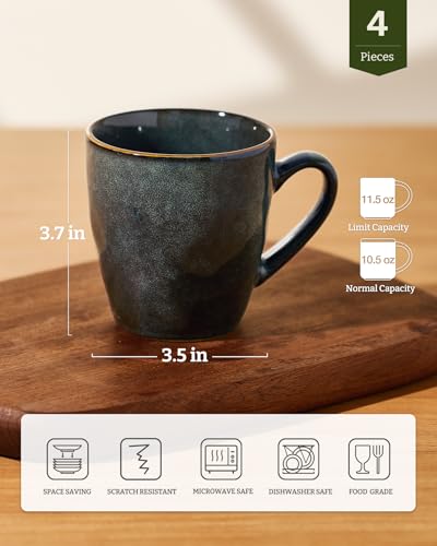 famiware Coffee Mug Set of 4, Ocean Round 11.5oz Coffee Cup Set with Handle - color: Ocean Round-Deep Forest, size: 4pcs