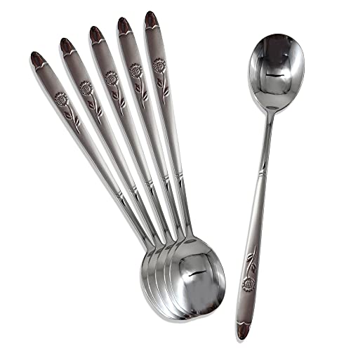 Korean Style Soup Spoons - 8.5 inch Premium Stainless Steel Dessert, Dinner, Rice & Ice Cream Scoop (Sunflower, 6 Pcs)