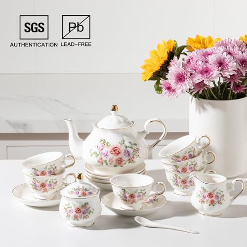 Sweejar Porcelain Tea Set Vintage Floral, British Relief Gold Rim Teapot Cup and Saucer Sets, 22-Piece Tea Sets for Adults, with Teapot, Sugar Bowl, Milk Jug, Spoons, Cup and Saucer (Rose Flower) - color: Rose Flower