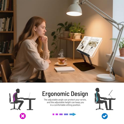 Acrylic Book Stand for Reading Hands Free - Adjustable 360° Rotating Cookbook Holder with Elastic Page Clips & Foldable Base, Multi-Angle Desktop Display Stand for Recipes, Laptops, Tablets, Bibles - color: Black