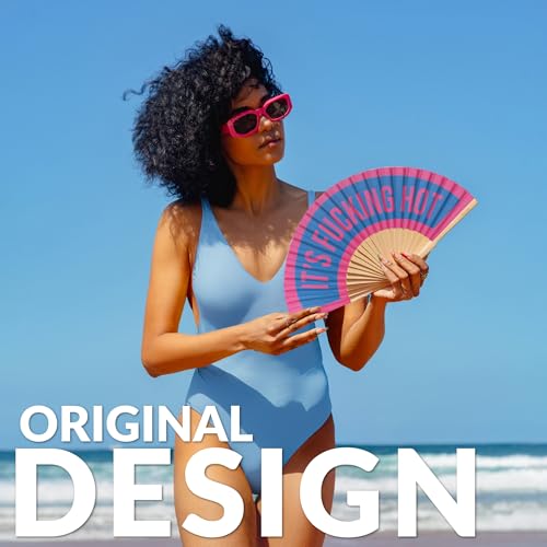 Fisura – Original Folding Fan It's f*cking hot, Wooden Hand Fans for Women Foldable, Pink and Blue Design for Raves, Festivals, Weedings, Hanger Included. Size: 16.7 x 9 inches - color: Hot, Blue and Pink