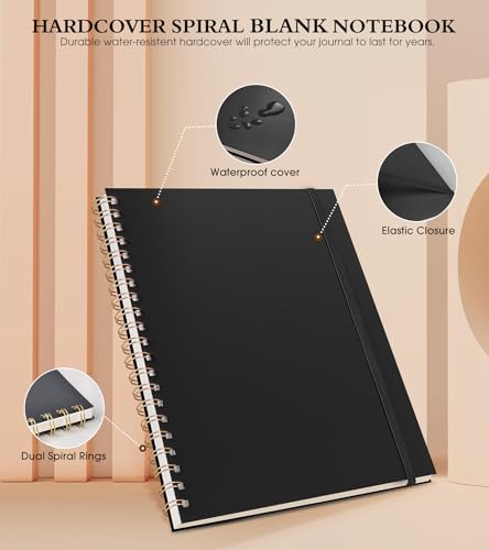 Blank Spiral Notebook Journal 8.5” x 11”, A4 Large Sketch Book for Women Men, 100 GSM Blank Paper Drawing Notebook, Plastic Hardcover Spiral Bound Sketchbook for Sketching Work School Writing, Black - color: Black, size: Plain