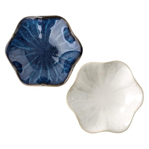 2Pcs Ceramic Jewelry Dish - Lotus Leaf Shape, for Ring Holder Necklace Small Key, Suitable for Mother Friend Sister, Gifts for Women, Cute Plate Trinket Tray, Home Decor (Blue & White) - color: Blue & White